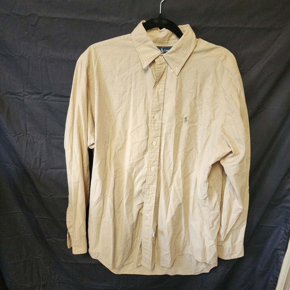ralph lauren mens button down shirt Khaki Plaid‎ Size16 34/35